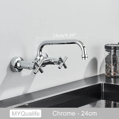 DecorBites™ antique brass dual handle wall mount kitchen faucet with chrome finish, curved spout, and cross handles
