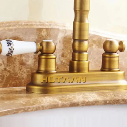 DecorBites™ antique brass dual basin faucet mixer tap with three handles including ceramic floral detail for bathroom sink