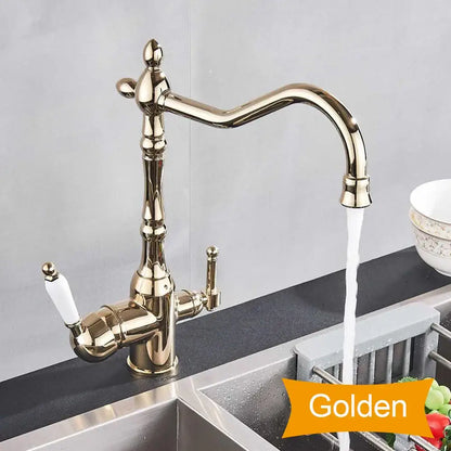 Decorbites antique brass dual spout kitchen filter faucet with ornate vintage design and white ceramic handles