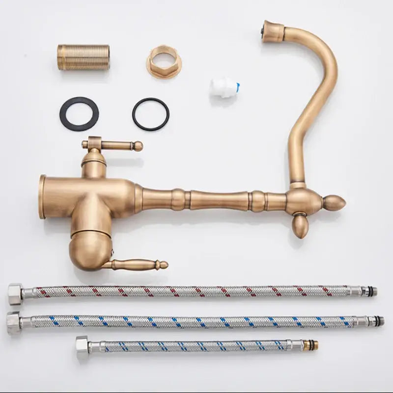 DecorBites antique brass kitchen filter faucet with dual ornate handles curved spout and flexible braided hoses