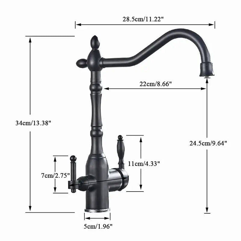 DecorBites™ kitchen filter faucet in black matte with curved spout and antique brass dual handle design for hot cold mixer