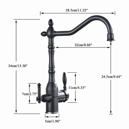DecorBites™ kitchen filter faucet in black matte with curved spout and antique brass dual handle design for hot cold mixer