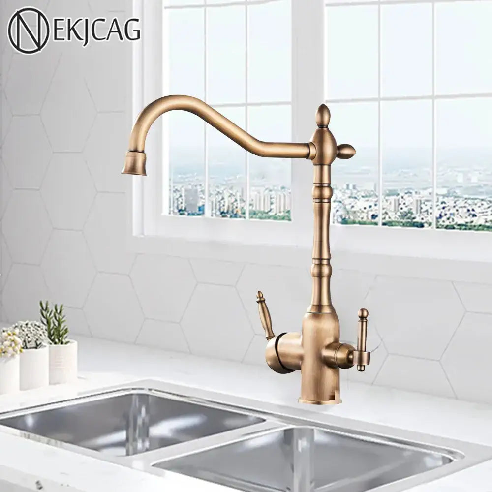 DecorBites antique brass kitchen filter faucet with dual curved spouts and ornate handles for hot cold mixer taps