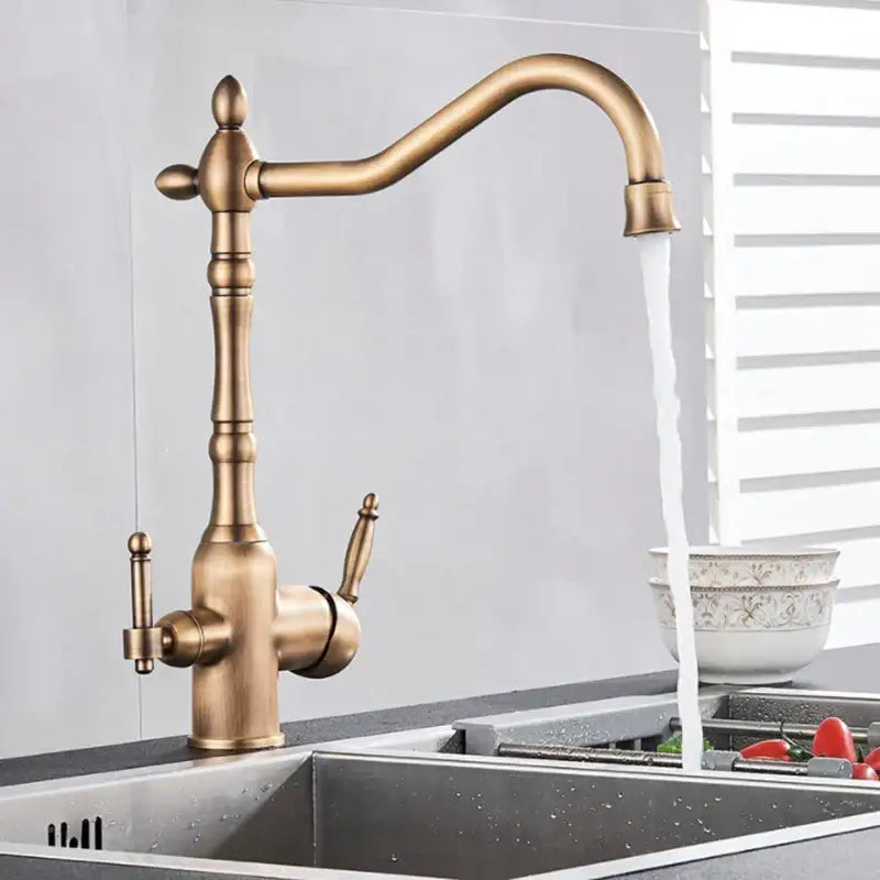 DecorBites antique brass kitchen filter faucet with dual spout and vintage curved design for hot cold mixer taps