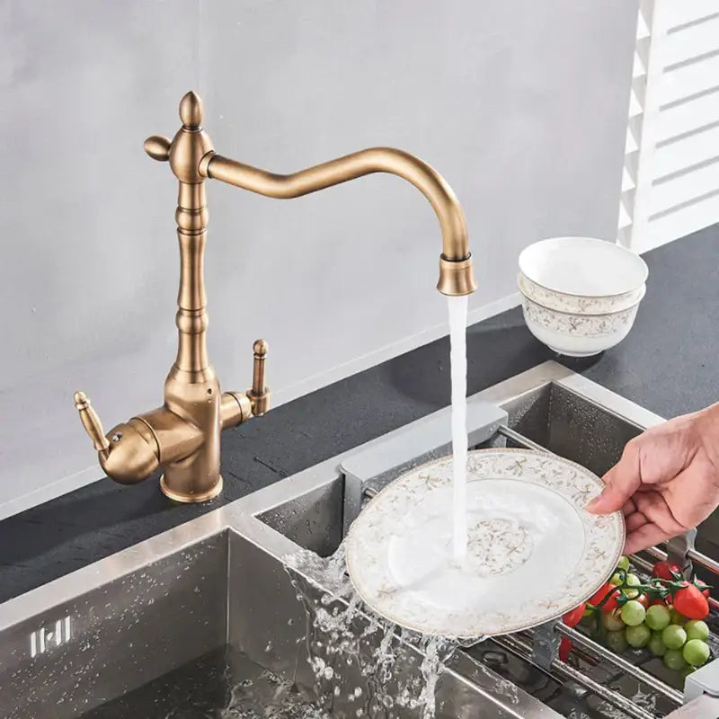 DecorBites antique brass kitchen filter faucet with dual handles and curved spout for hot and cold mixing