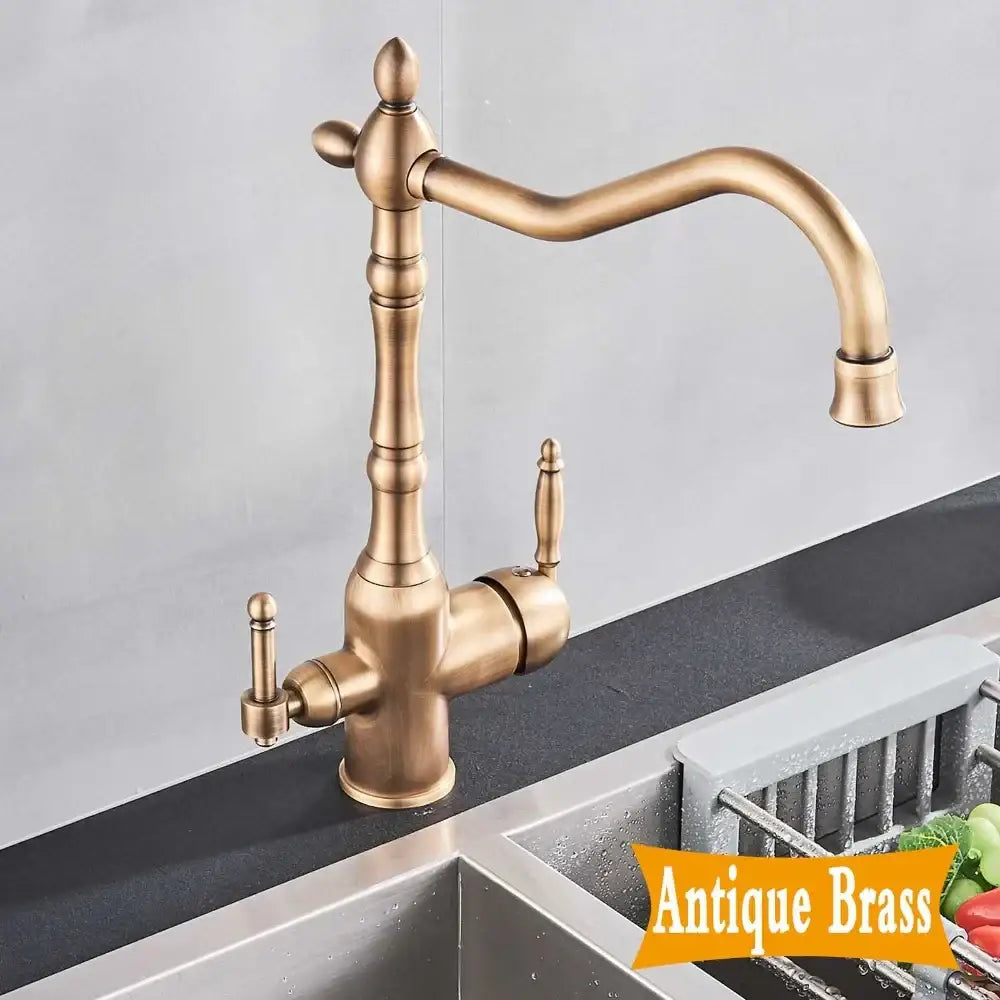 DecorBites antique brass kitchen filter faucet with dual curved spouts and vintage hot cold mixer taps design