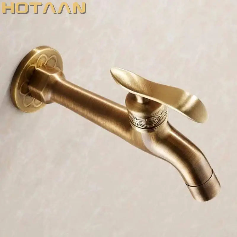 DecorBites antique brass finish wall mount bibcock faucet with ornate floral detailing for bathroom and washing machine use