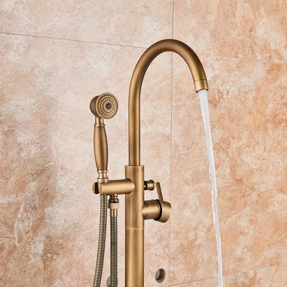 Brass-finished freestanding antique brass floor mount tub faucet with swivel spout mixer tap and handheld showerhead