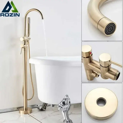 Decorbites antique brass freestanding floor mount tub faucet with swivel spout and separate handheld mixer tap