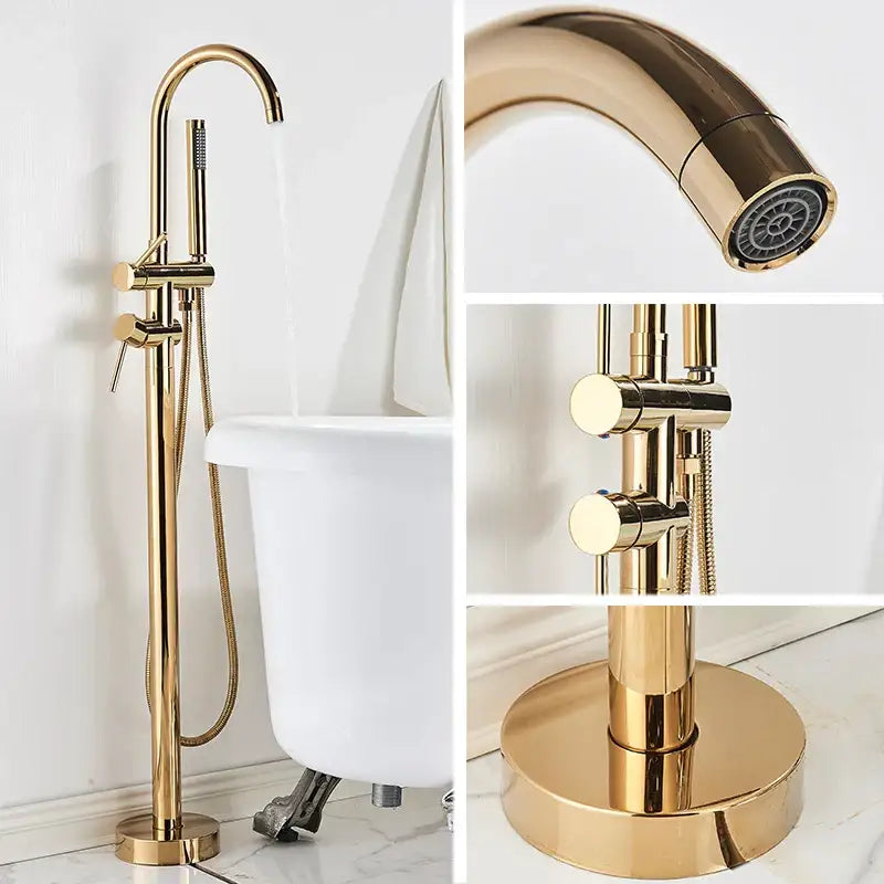 Decorbites antique brass freestanding bathtub faucet with swivel spout mixer tap and detachable showerhead in gold finish