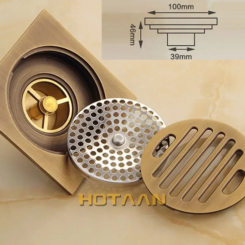 Decorbites antique brass flower art floor drain with three interchangeable perforated slotted and solid grates 100mm by 100mm