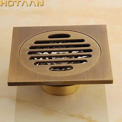 DecorBites antique brass flower art floor drain with square brass finish and circular grille for bathroom use