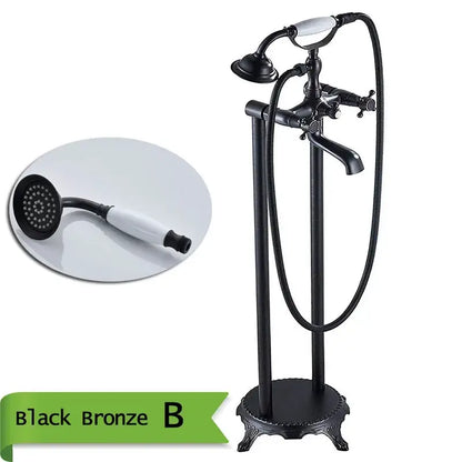 Decorbites™ antique brass freestanding bathtub filler in black bronze with tall stand and dual handles for water control