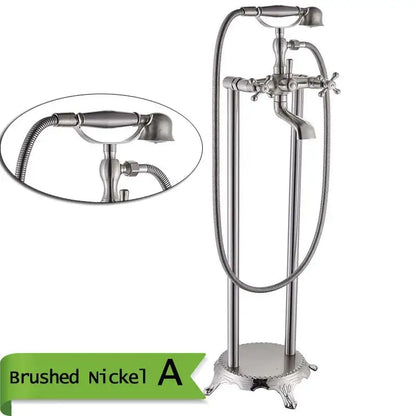 Decorbites™ antique brass freestanding bathtub filler with hand shower and flexible hoses in brushed nickel finish