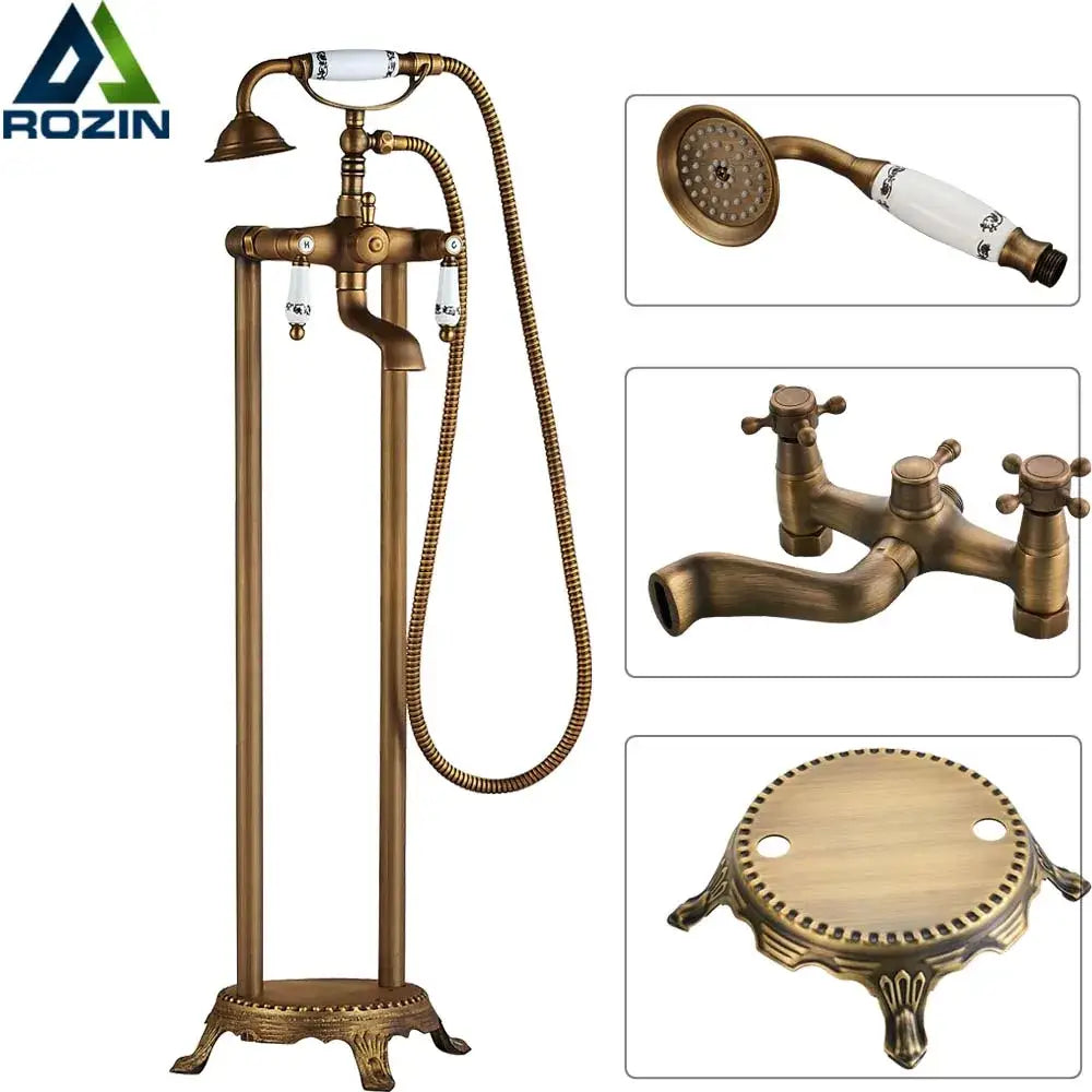 DecorBites antique brass freestanding bathtub filler with white ceramic handles and matching hand shower in brass freestanding bathtub style