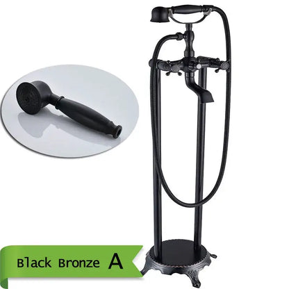 Black bronze antique brass freestanding bathtub filler with tall ornate stand and attached handheld showerhead