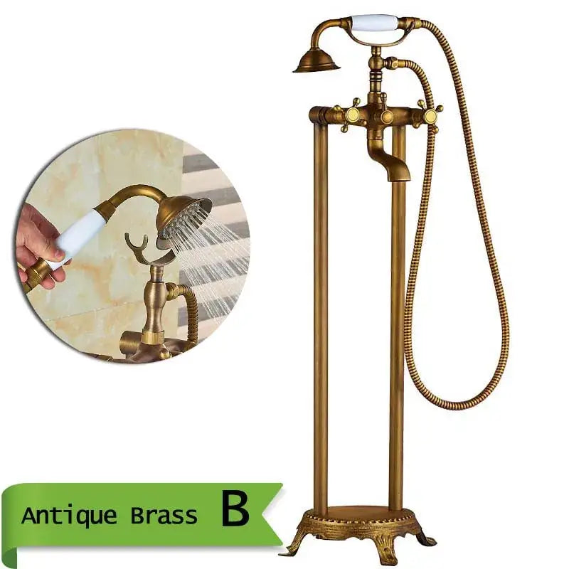 Decorbites antique brass freestanding bathtub filler with white ceramic handle and attached flexible hose hand shower