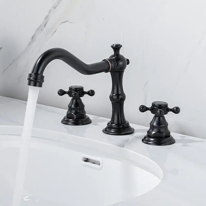 Decorbites antique brass gold basin faucet with black matte vintage three-handle design for bathroom use