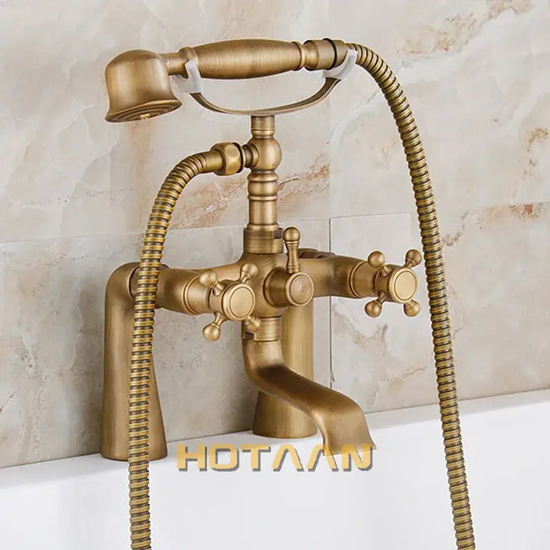 Decorbites™ antique brass shower head kit featuring vintage-style bathtub faucet with handheld showerhead and dual knobs
