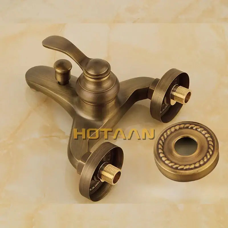 DecorBites antique brass shower head kit with ornate vintage brass faucet and matching decorative escutcheon for bathroom