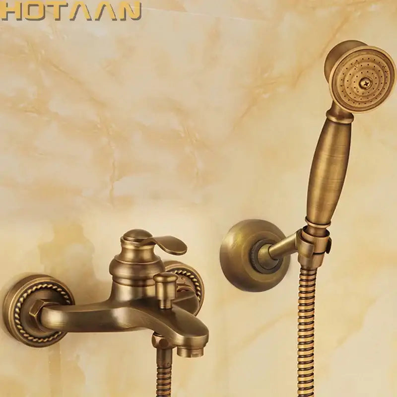 Decorbites antique brass shower head kit with ornate detailing includes bathroom faucet and hand held shower head