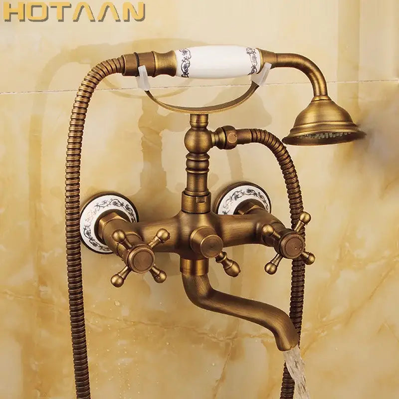 DecorBites antique brass shower head kit featuring a vintage-style wall mounted faucet with ceramic handles