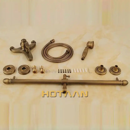 DecorBites antique brass shower head kit with handheld sprayer, coiled hose, and wall-mounted faucet assembly
