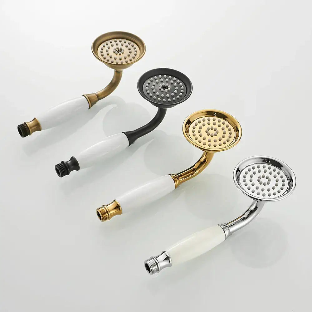 Four elegant hand held showers with antique brass hand, gold, black, and chrome finishes and luxury ceramic handles
