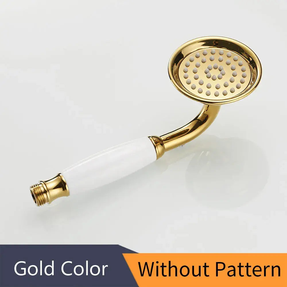 Decorbites antique brass hand held shower with gold-colored round rainfall faucet and white ceramic handle