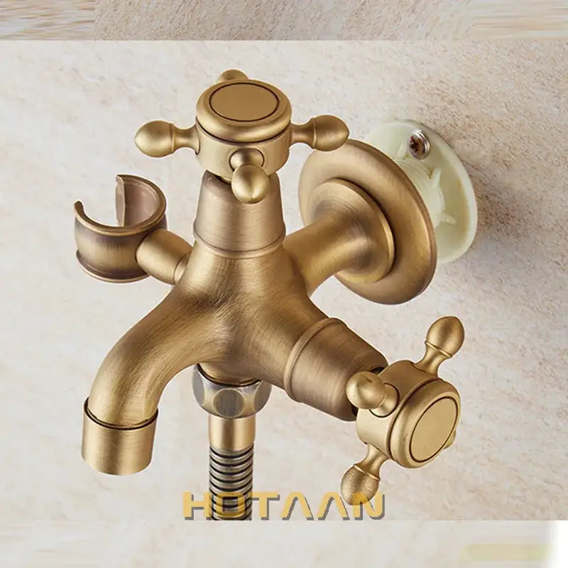 Antique brass handheld bidet sprayer set with cross handle faucet and built-in showerhead bracket by DecorBites™