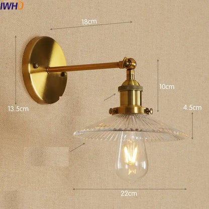 DecorBites antique brass industrial wall sconce with vintage clear ribbed glass shade and exposed filament bulb
