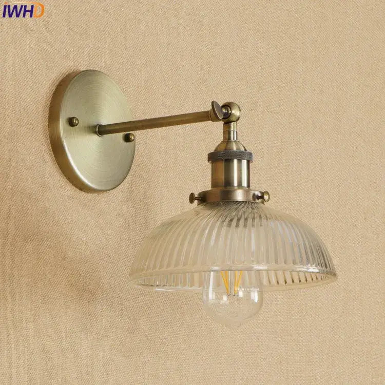 DecorBites antique brass industrial wall sconce with ribbed glass shade and exposed filament bulb wall light fixture