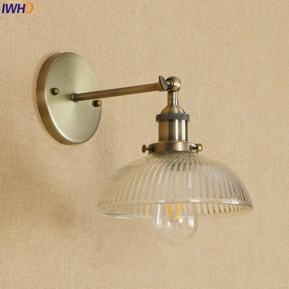 DecorBites antique brass industrial wall sconce with ribbed glass shade and exposed filament bulb wall light fixture