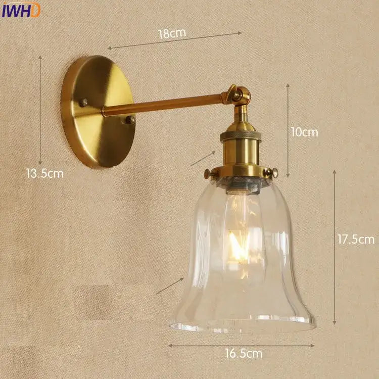 Decorbites antique brass industrial wall sconce with brass finish and clear glass bell-shaped shade for wall light use