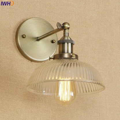 Decorbites antique brass industrial wall sconce with swing arm, ribbed glass shade, and exposed edison bulb wall light