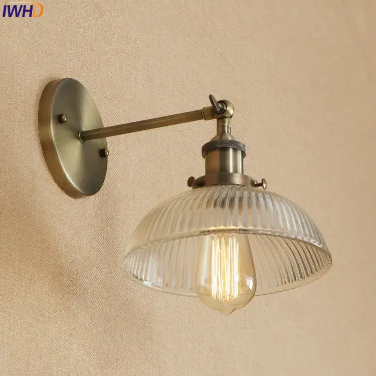 Decorbites antique brass industrial wall sconce with ribbed clear glass shade and exposed filament bulb wall light