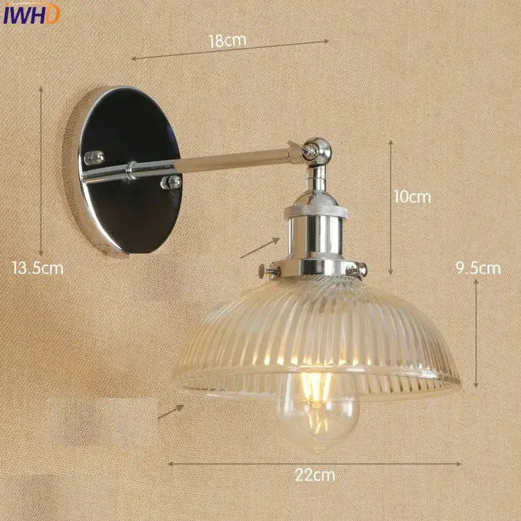 Decorbites antique brass industrial wall sconce with chrome finish ribbed glass shade and exposed edison bulb wall light