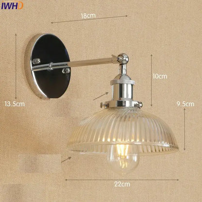 Decorbites antique brass industrial wall sconce with chrome finish ribbed glass shade and exposed edison bulb wall light