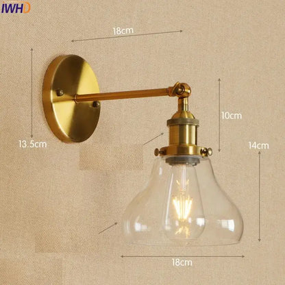 Decorbites antique brass industrial wall sconce with clear glass bell shade and exposed filament bulb wall light fixture