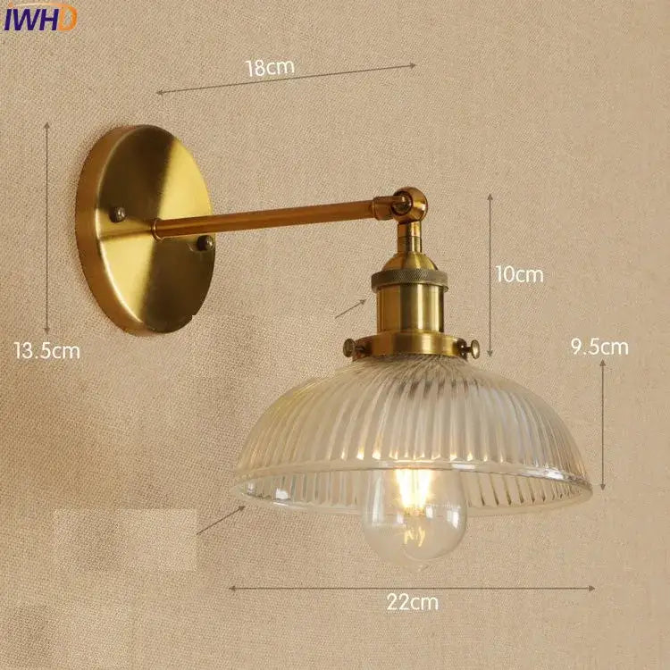 Decorbites antique brass industrial wall sconce with ribbed clear glass shade and exposed bulb wall light fixture