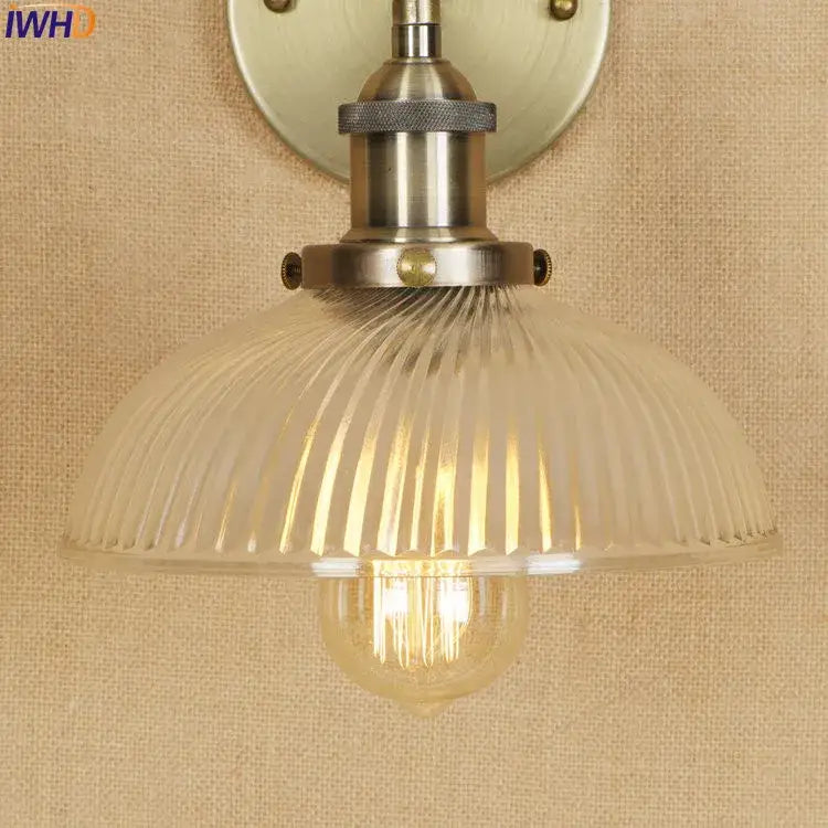 DecorBites™ antique brass industrial wall sconce with brass finish and clear ribbed glass shade vintage wall light
