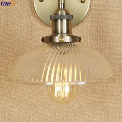 DecorBites™ antique brass industrial wall sconce with brass finish and clear ribbed glass shade vintage wall light