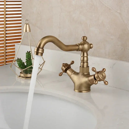 Antique brass kitchen bathroom faucet with ornate cross handles and curved spout by decorbites deck mount swivel mixer tap