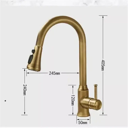 DecorBites antique brass kitchen faucet with brass finish, sleek curved spout, black knobs, and 360° rotation design