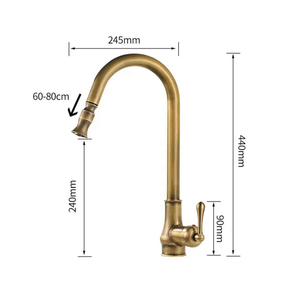 Decorbites antique brass kitchen faucet with swivel curved spout and single lever handle for hot cold mixing