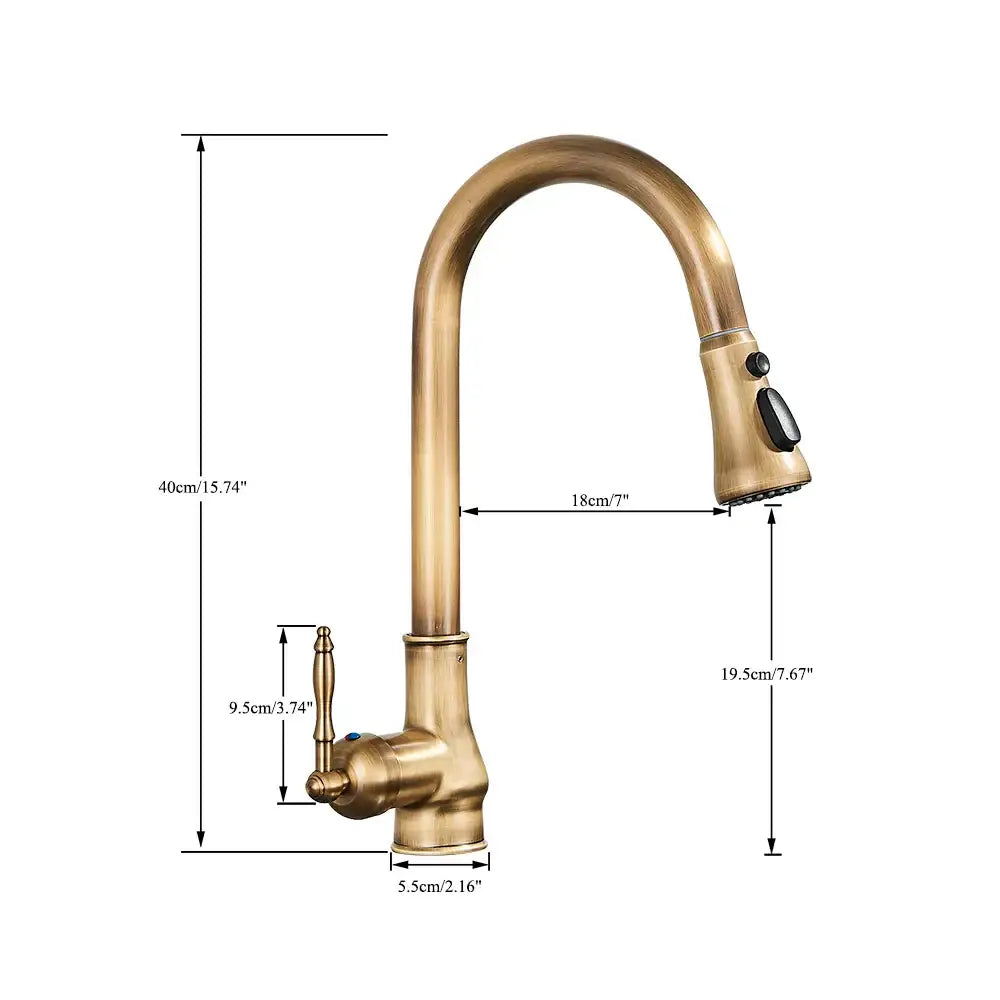 DecorBites antique brass kitchen faucet with brass finish curved spout and pull down spray head single handle