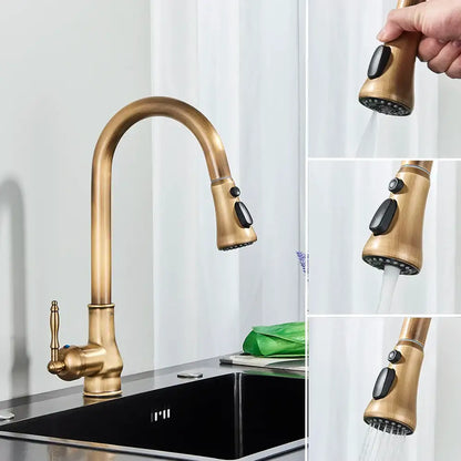 DecorBites antique brass kitchen faucet with pull down spout single handle and black rubberized spray nozzle