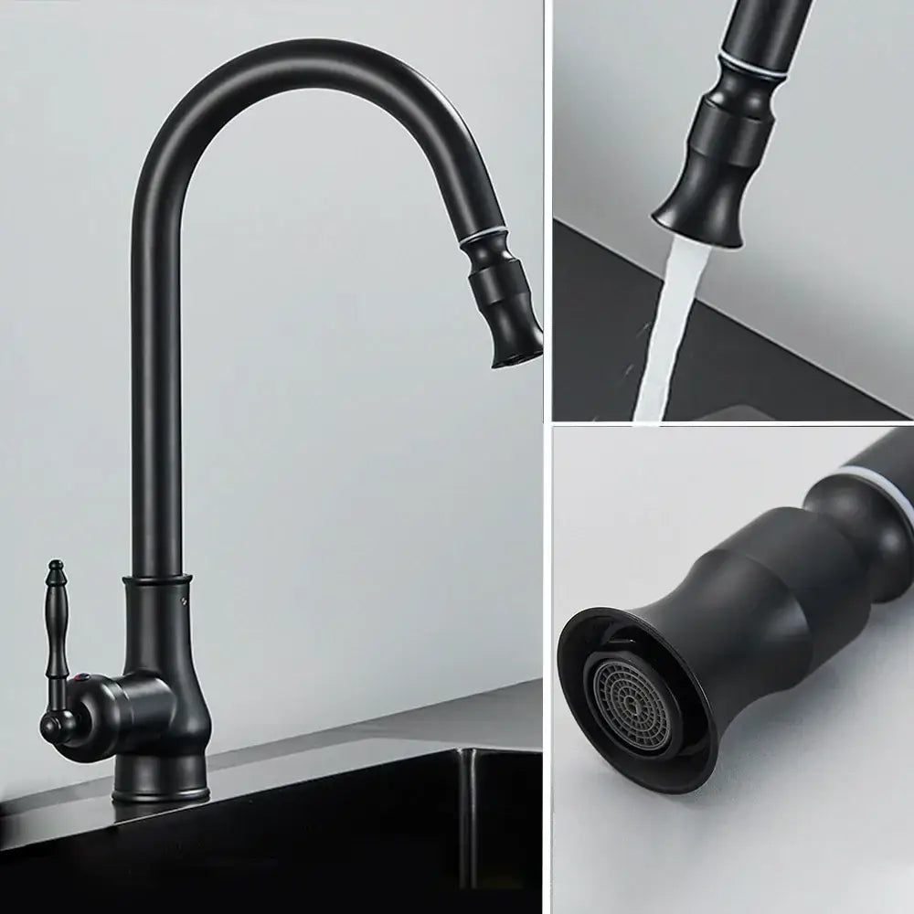 Black matte-finish kitchen faucet with curved spout and ornate handle from DecorBites antique brass kitchen collection
