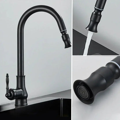 Black matte-finish kitchen faucet with curved spout and ornate handle from DecorBites antique brass kitchen collection