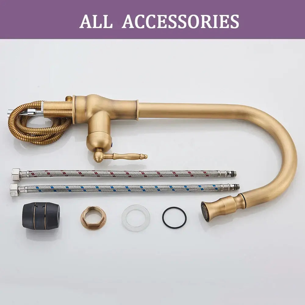 Decorbites antique brass kitchen sink faucet with pull down swivel spout flexible hose and braided supply lines